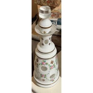 Vintage Bohemian glass decanter white opaline overlay,hand-painted pink, green